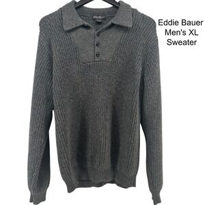 Eddie Bauer Mens XL Grey Ribbed Cotton Henley Sweater Collared Classic Office